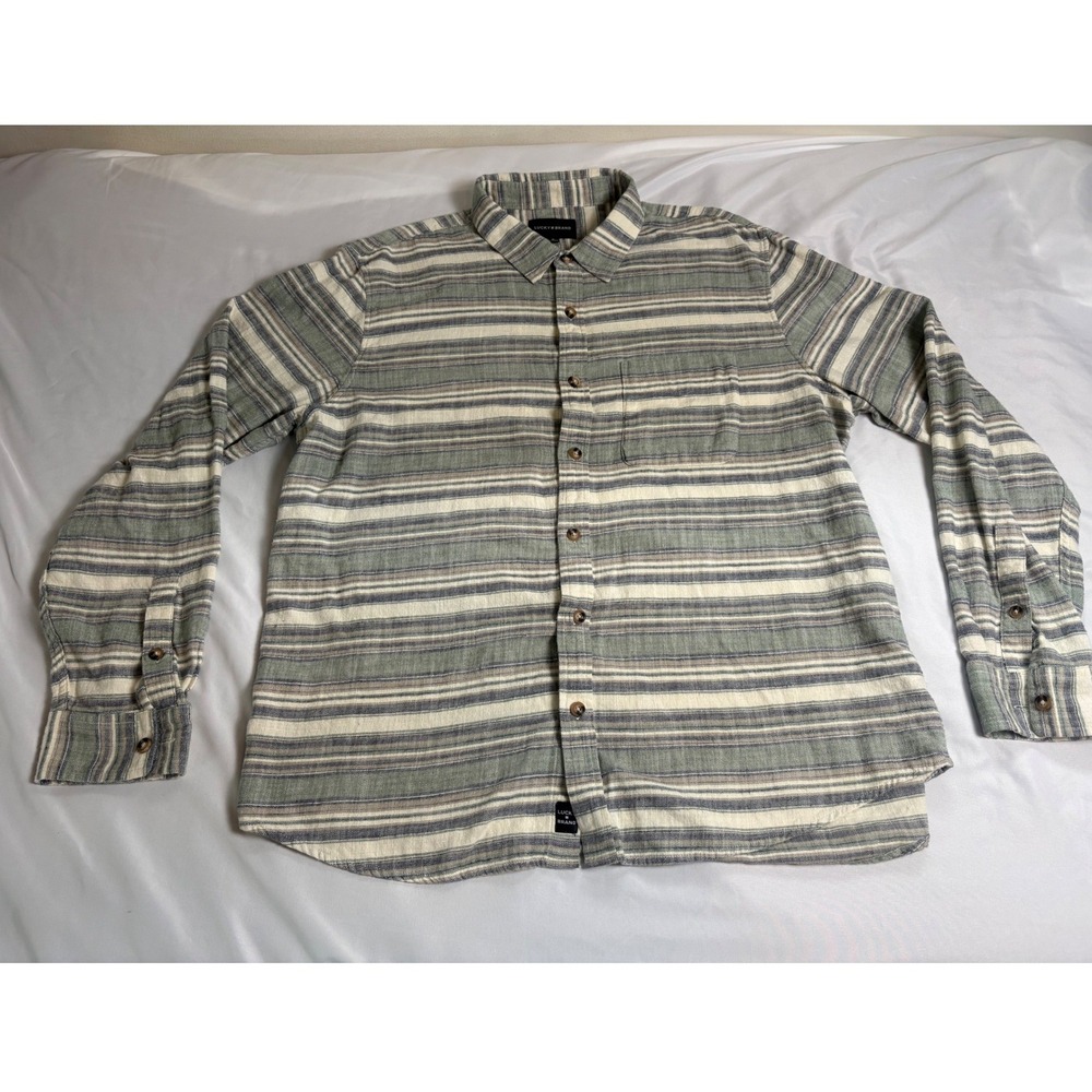 Lucky Brand Button Down Shirt Mens XL Green Excellent Striped Long Sleeve